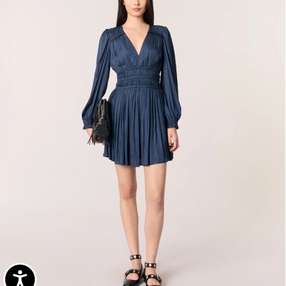 Maje Satin dress with ruffles- Navy - Picture 3 of 4